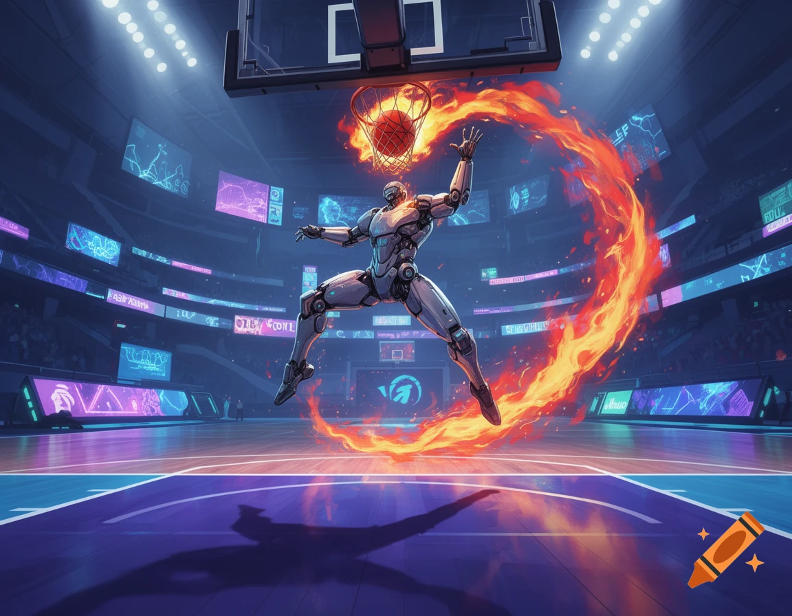 A futuristic robot dunks a flaming basketball in a dynamic, high-tech arena, leaving a fiery trail.