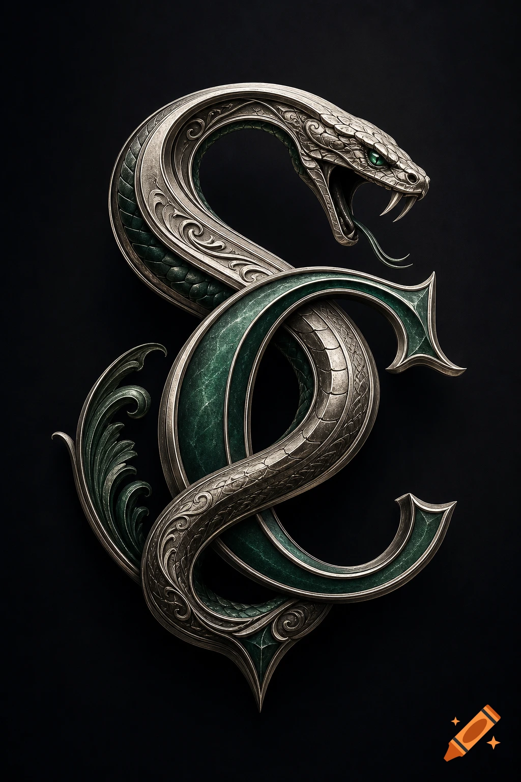A highly detailed, ornate silver and green design featuring a stylized snake head forming the top of an 'S' intertwined with a 'C' on a dark background.