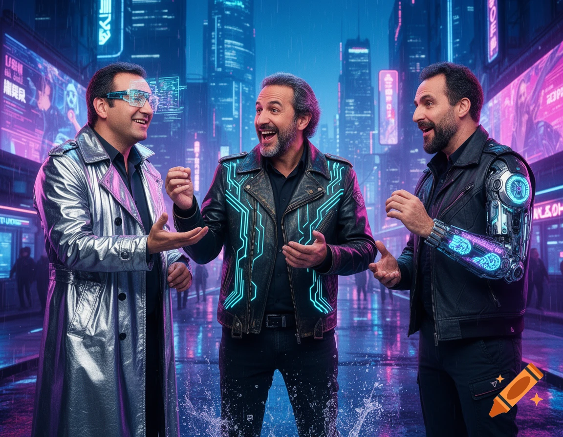 Three men in a vibrant cyberpunk city. One wears a metallic trench coat and VR glasses, another a glowing circuit jacket, the third a cybernetic arm.