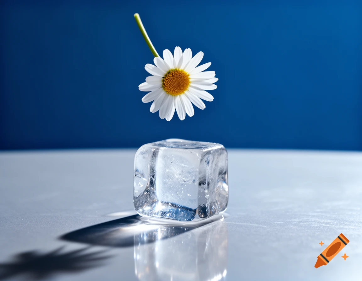 A white daisy with a yellow center floats above a melting ice cube on a reflective surface against a blue background.