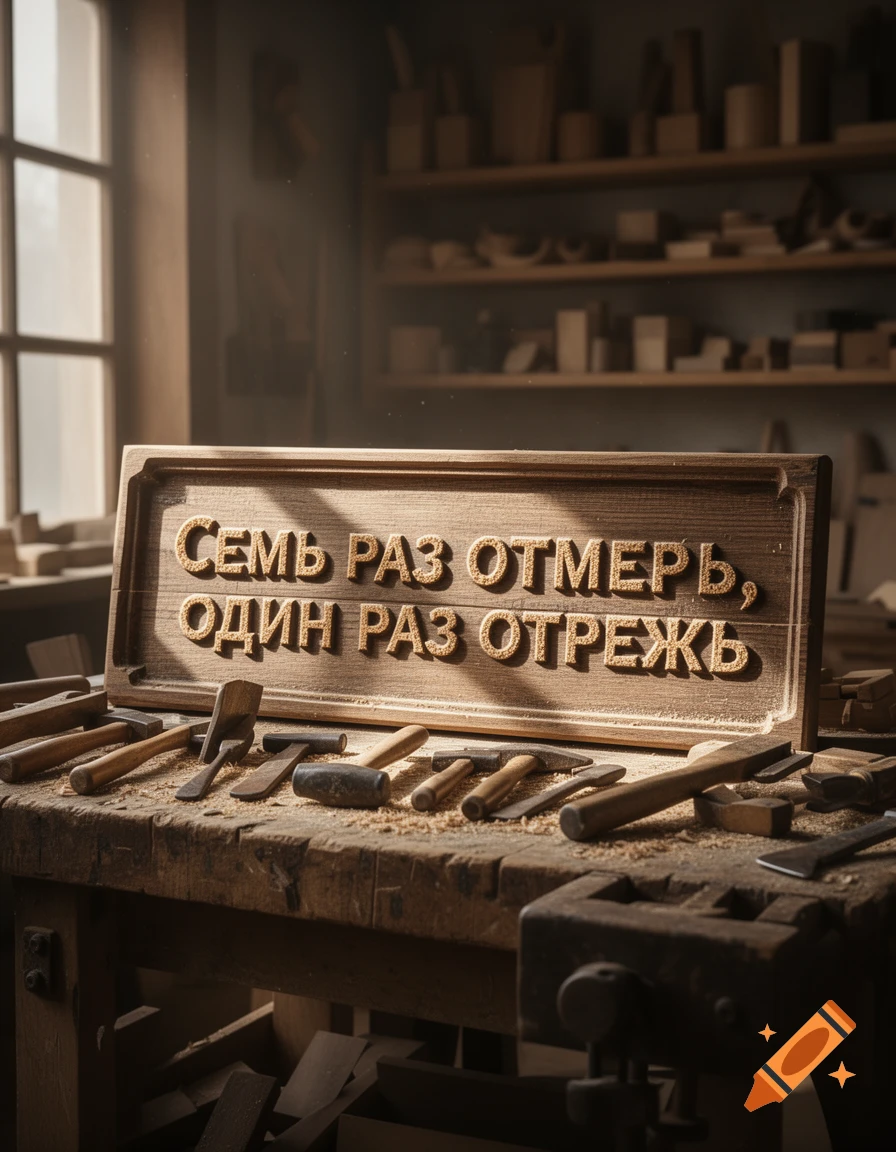 A carved wooden sign with Russian text 'Measure seven times, cut once' on a workshop bench with tools.