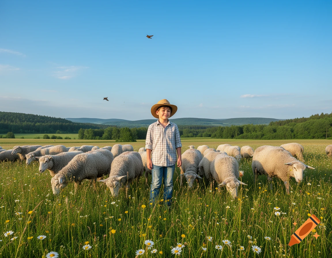 A young boy in a straw hat stands among sheep grazing in a sunlit green field with wildflowers and distant forests. Photorealistic.