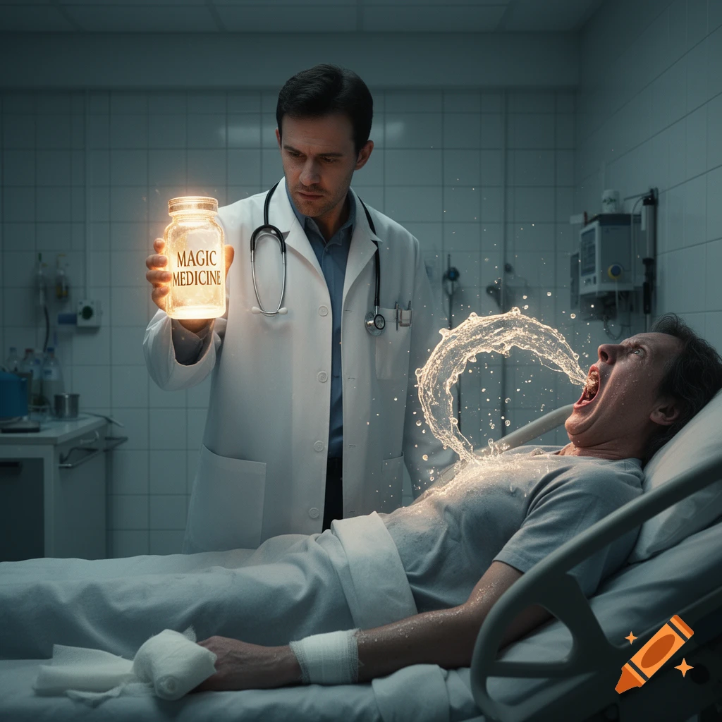 A doctor holds a glowing jar labeled "MAGIC MEDICINE" as a patient in a hospital bed dramatically vomits water.