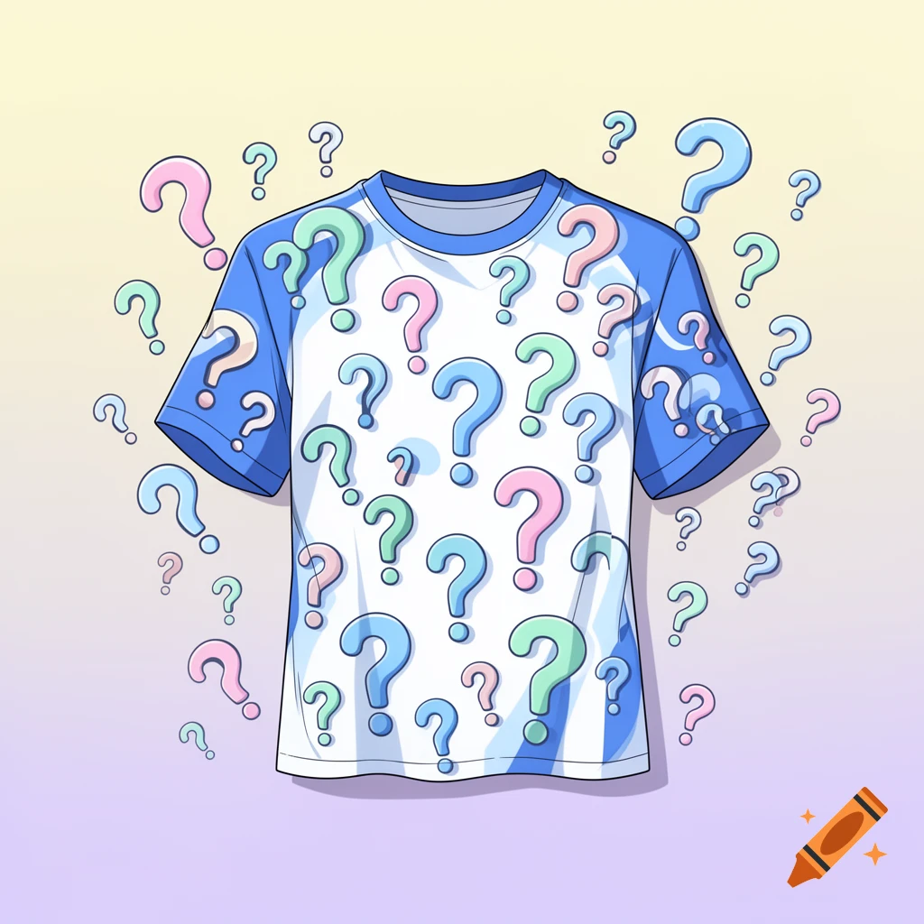 A white t-shirt with blue sleeves and collar, covered in a pattern of pink, blue, and green question marks, surrounded by more floating question marks against a gradient background.