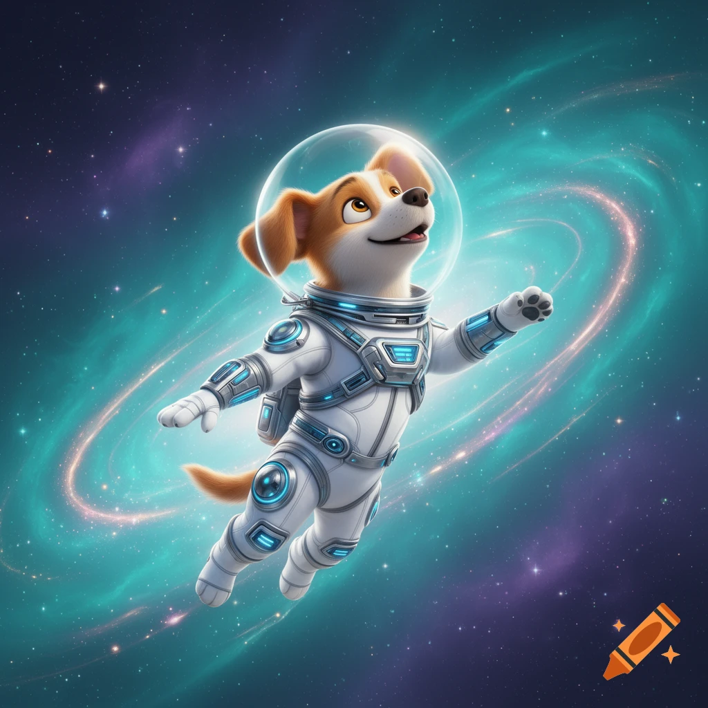 An animated dog in a white and blue spacesuit with a clear helmet floats in a vibrant blue and purple galaxy.