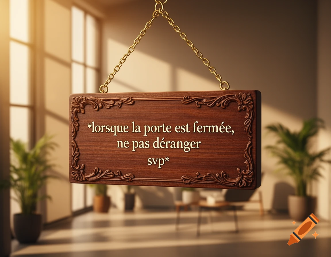 A wooden sign with ornate edges and text 'lorsque la porte est fermée, ne pas déranger svp' hangs in a sunny, blurry office background.