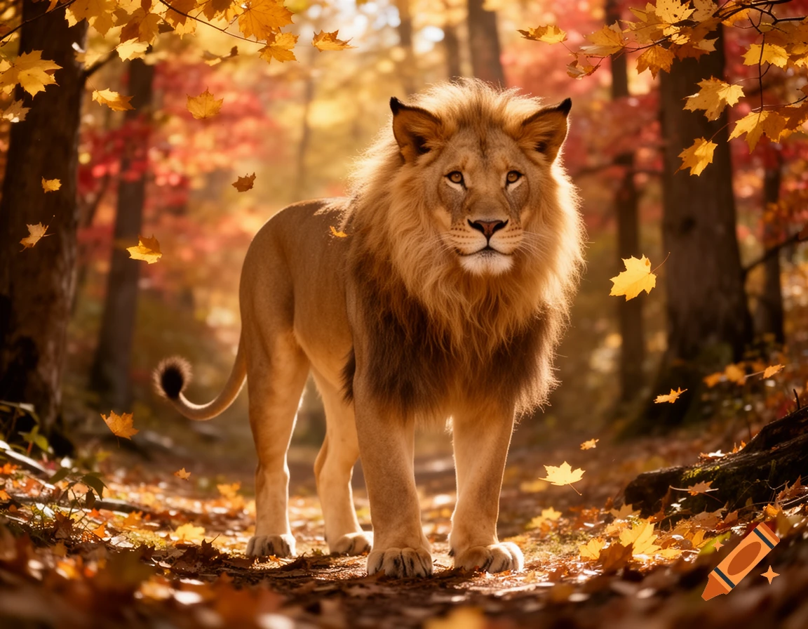A majestic lion with a full mane stands on a path amidst a sunlit autumn forest, surrounded by falling orange and yellow maple leaves.