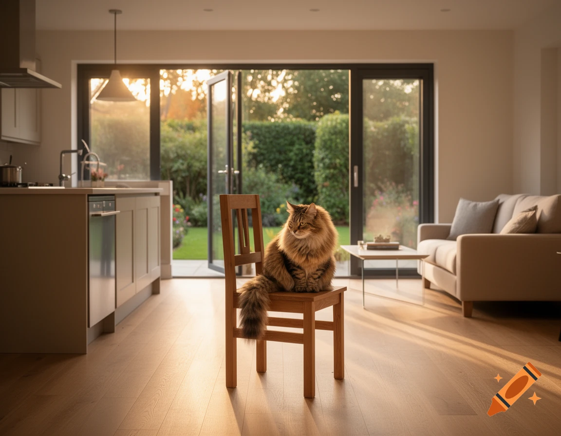 A fluffy brown cat sits on a wooden chair in a sunlit modern kitchen and living room overlooking a garden.