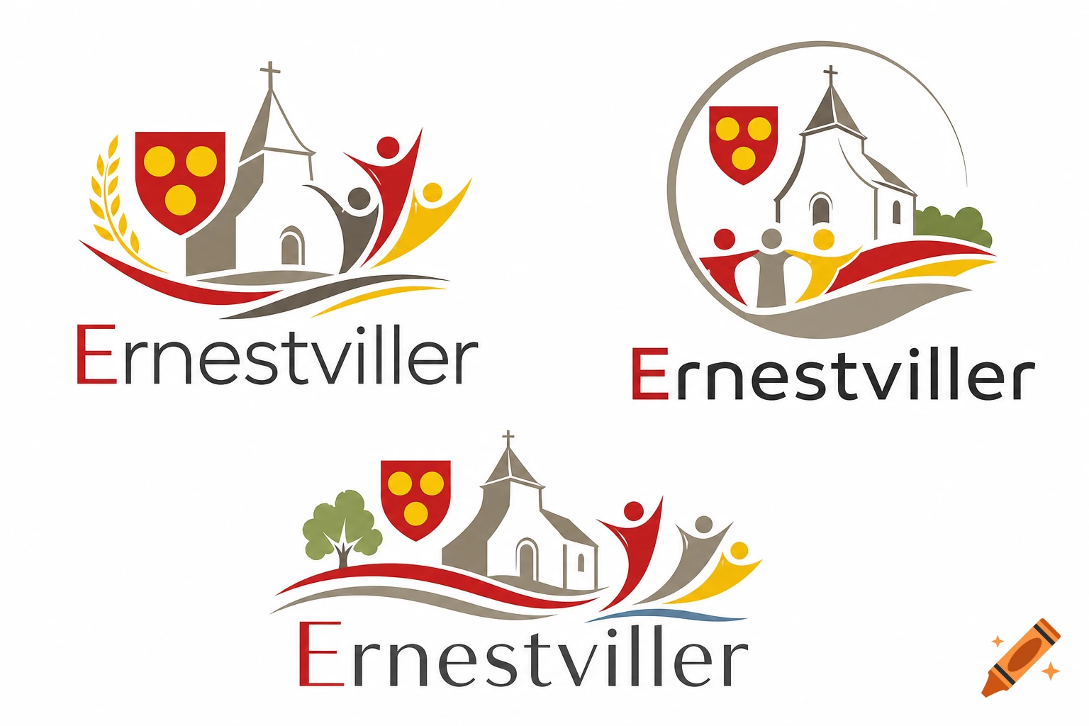 Three modern logo designs for Ernestviller, featuring a stylized church, a red and yellow shield, abstract figures, and the town name.