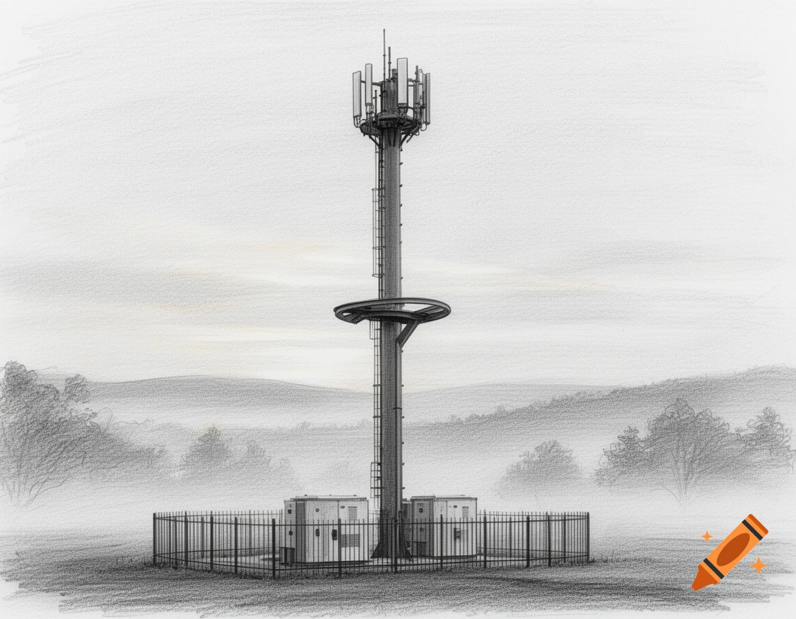 Pencil sketch of a monopole cell tower with a round radio bridge and a fenced base, set in a foggy landscape.