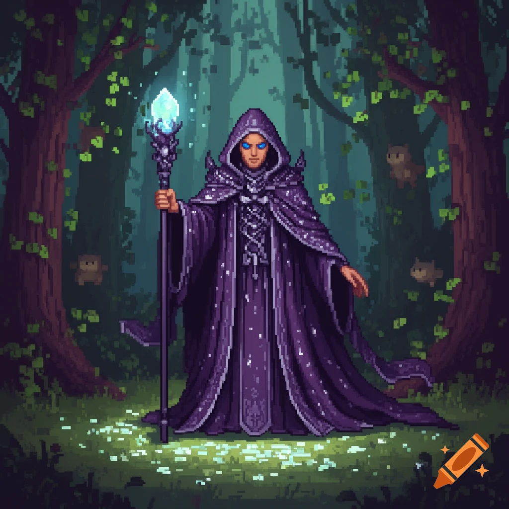 Pixel art of a wizard in a dark purple cloak holding a glowing staff, standing in a magical forest with glowing plants.