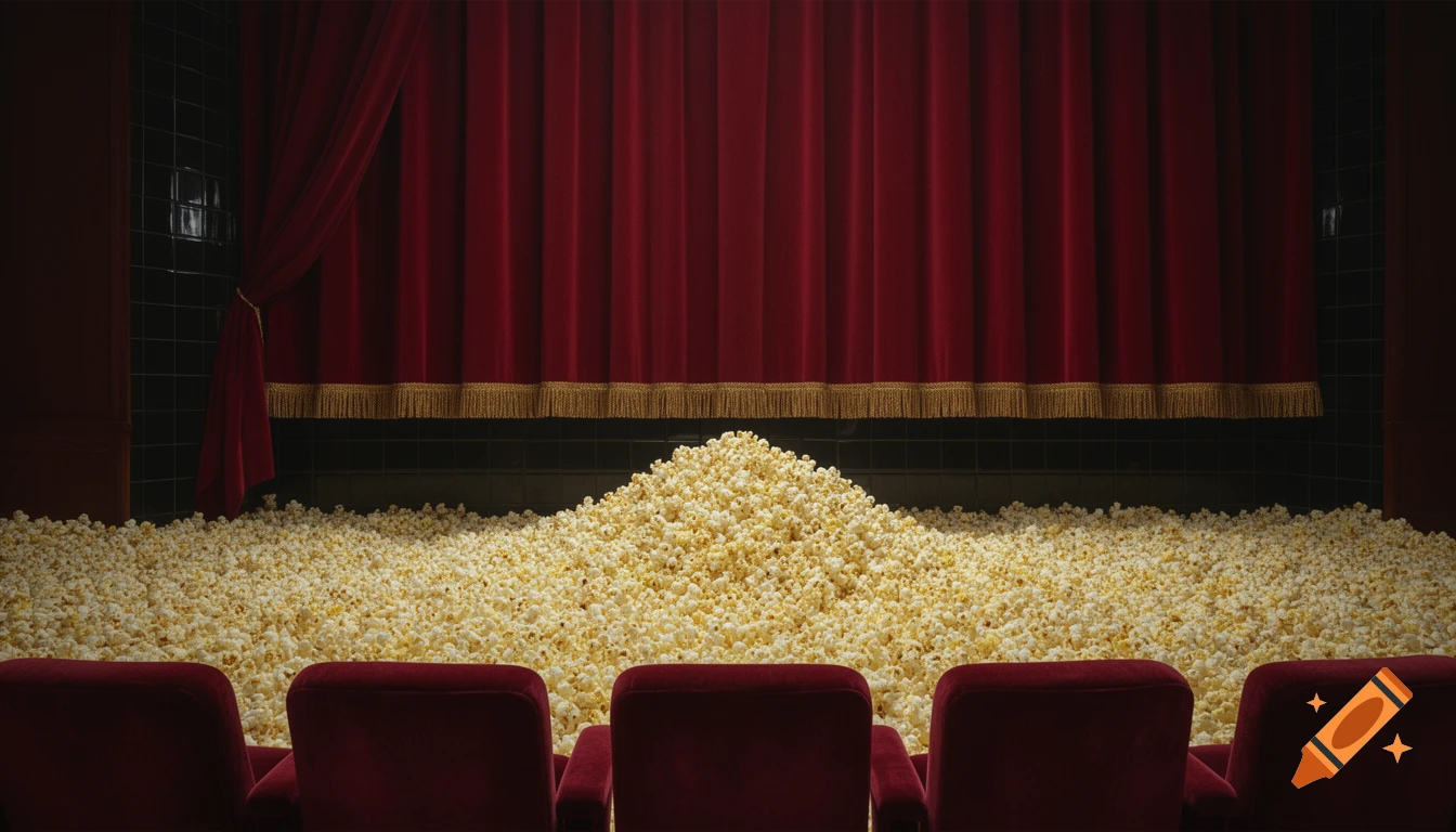A surreal view from behind red cinema seats looking at a stage with red curtains and a floor covered in popcorn.