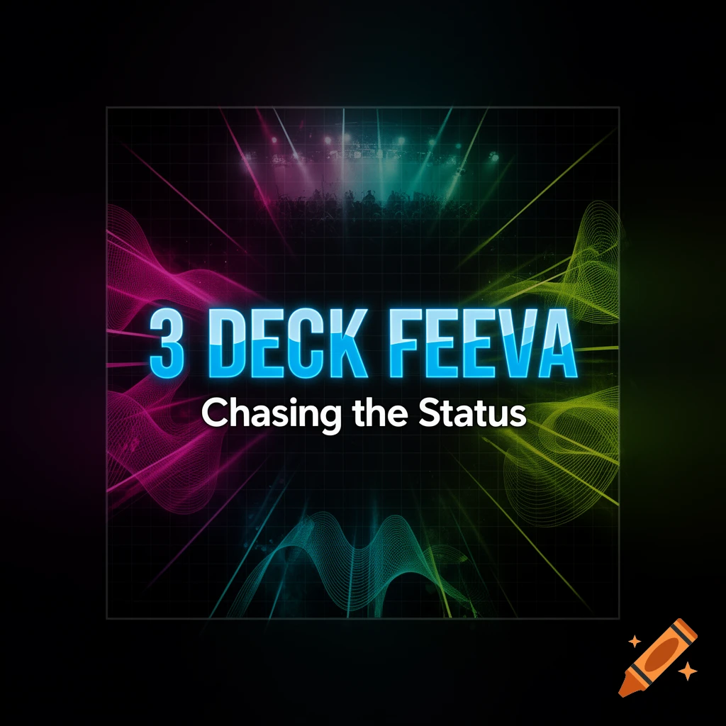 A square graphic for "3 DECK FEEVA Chasing the Status" with glowing blue text against an energetic, colorful festival crowd background with abstract waves.