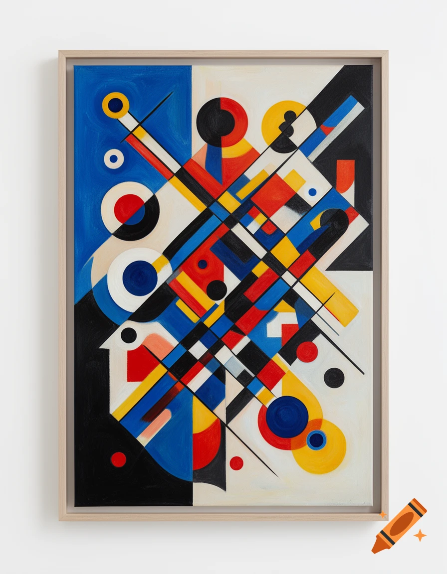 Abstract painting featuring a dynamic composition of red, blue, yellow, black, and white geometric shapes and lines.
