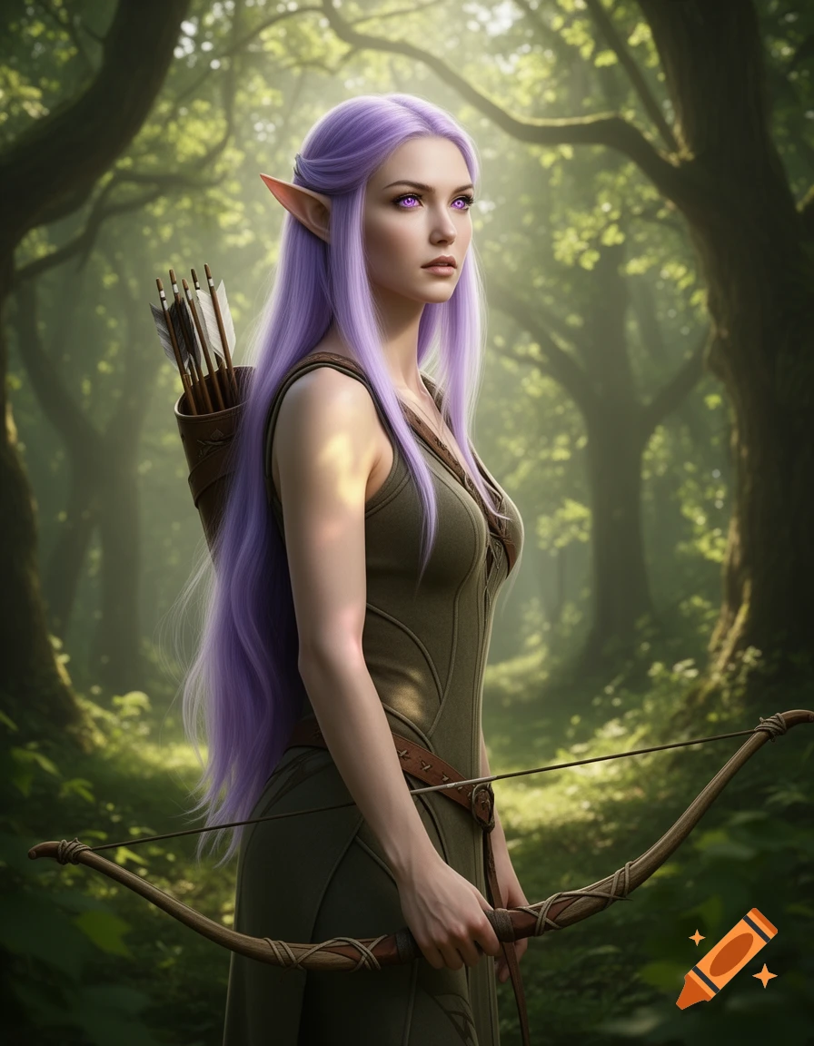 A photorealistic portrait of an elf woman with long lilac hair and violet eyes, holding a bow, with a quiver on her back, standing in a sunlit forest.