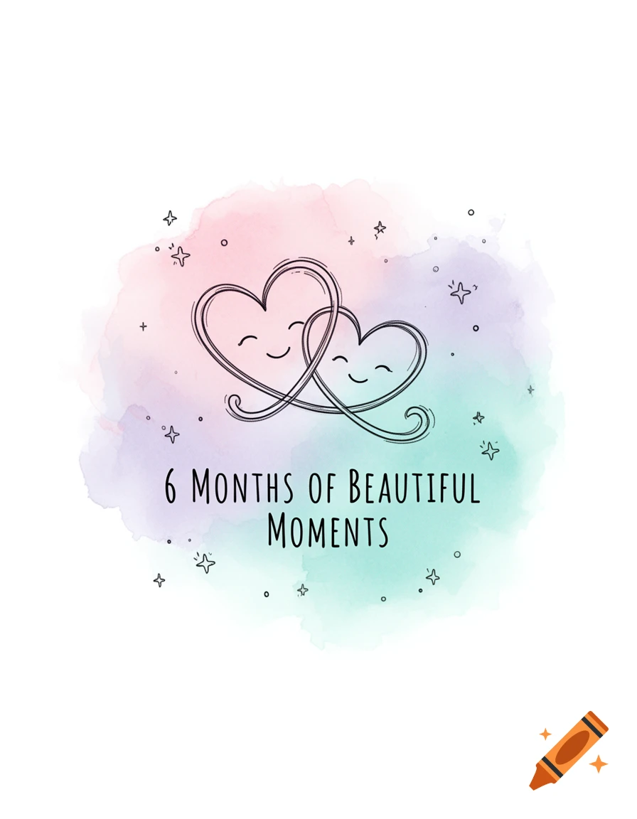 Two smiling, intertwined hearts drawn with a single line, over a pastel pink, purple, and teal watercolor splash with '6 MONTHS OF BEAUTIFUL MOMENTS' written below.