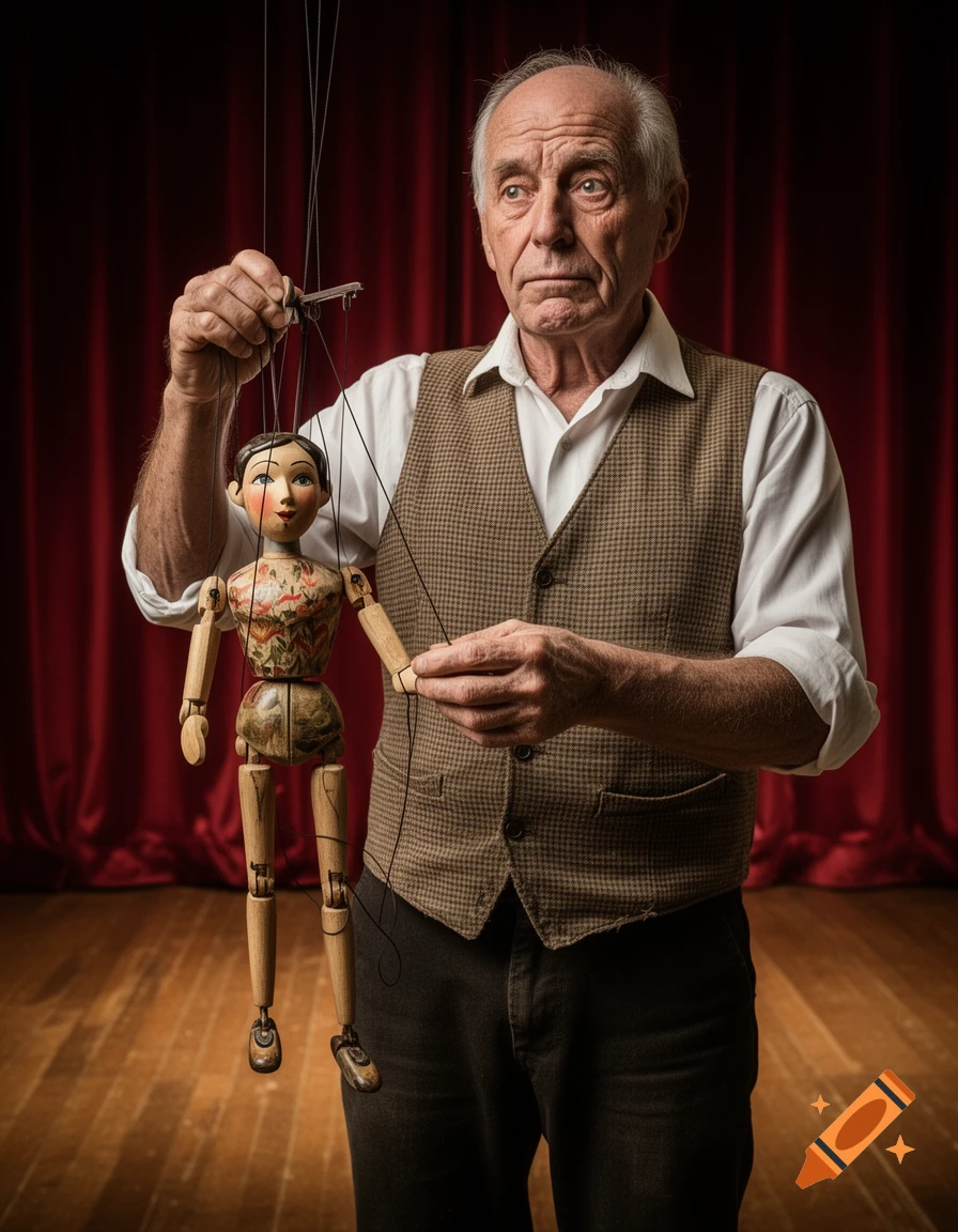 An older man, a puppeteer, holds a wooden marionette on a stage with a red curtain background. Photorealistic style.