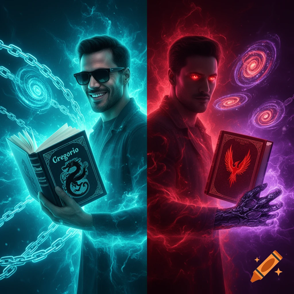 A split image of two men. The left side shows a smiling man in sunglasses surrounded by blue neon energy, holding an open book titled 'Gregorio' with a dragon symbol. The right side shows a serious man with red eyes, surrounded by red and purple energy, with a transformed arm, holding a book with a phoenix symbol.