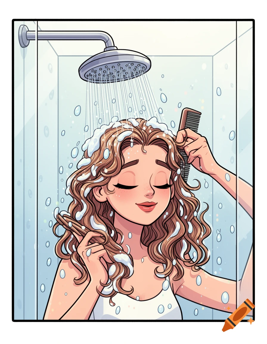 Cute 2D cartoon of a woman in a shower, with foamy curly hair, combing it with a wide-tooth comb.