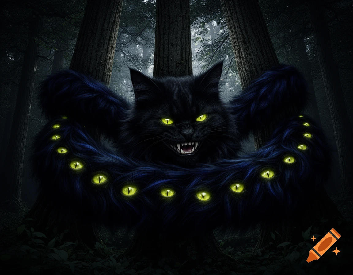 A menacing black cat creature with glowing yellow eyes and fangs, its body covered in many glowing eyes, lurks in a dark forest.