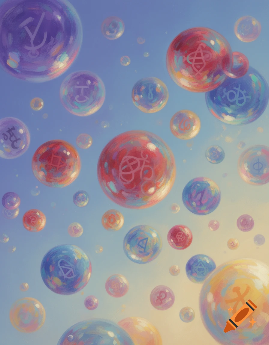 A vibrant painting featuring numerous iridescent bubbles of various sizes, each containing a unique stylized symbol, floating against a gradient blue and yellow sky.