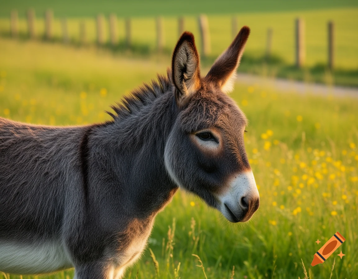 A close-up, photorealistic shot of a gray donkey in a sunlit green field with yellow flowers and a fence in the background.