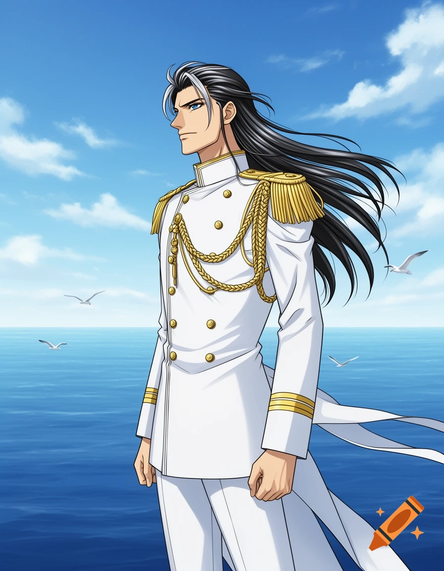 An anime man in a white navy commander uniform with long black and white hair stands by the ocean with birds flying.
