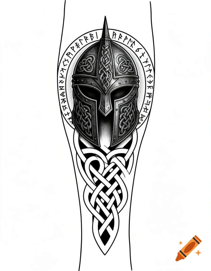 A grayscale tattoo design featuring a Viking helmet adorned with Celtic knotwork, surrounded by runic inscriptions, and intricate Celtic knotwork below.