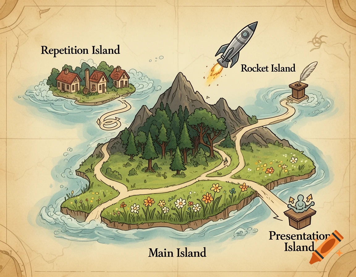 A stylized learning map in a pirate style, depicting 'Main Island' with mountains, forest, and flower paths. It connects to 'Repetition Island' with houses, 'Presentation Island' with a podium icon, and 'Rocket Island' with a rocket flying above.