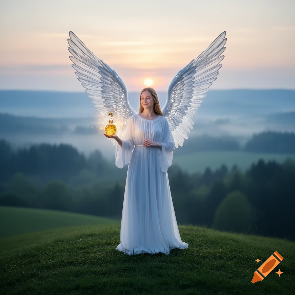 Photorealistic image of an angel with white wings holding a glowing golden vial on a grassy hill at sunset.