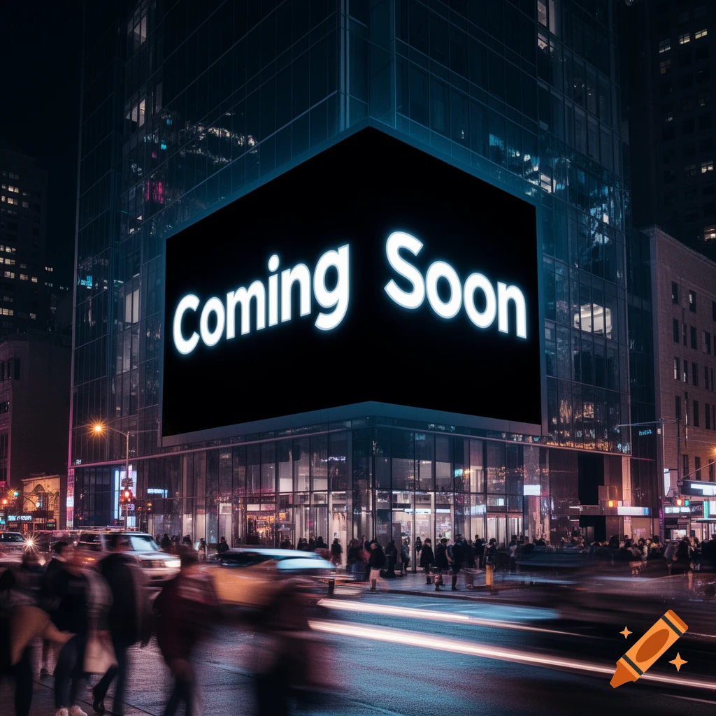 Photorealistic night cityscape with a modern skyscraper featuring a large 'Coming Soon' billboard, and blurred traffic and pedestrians.