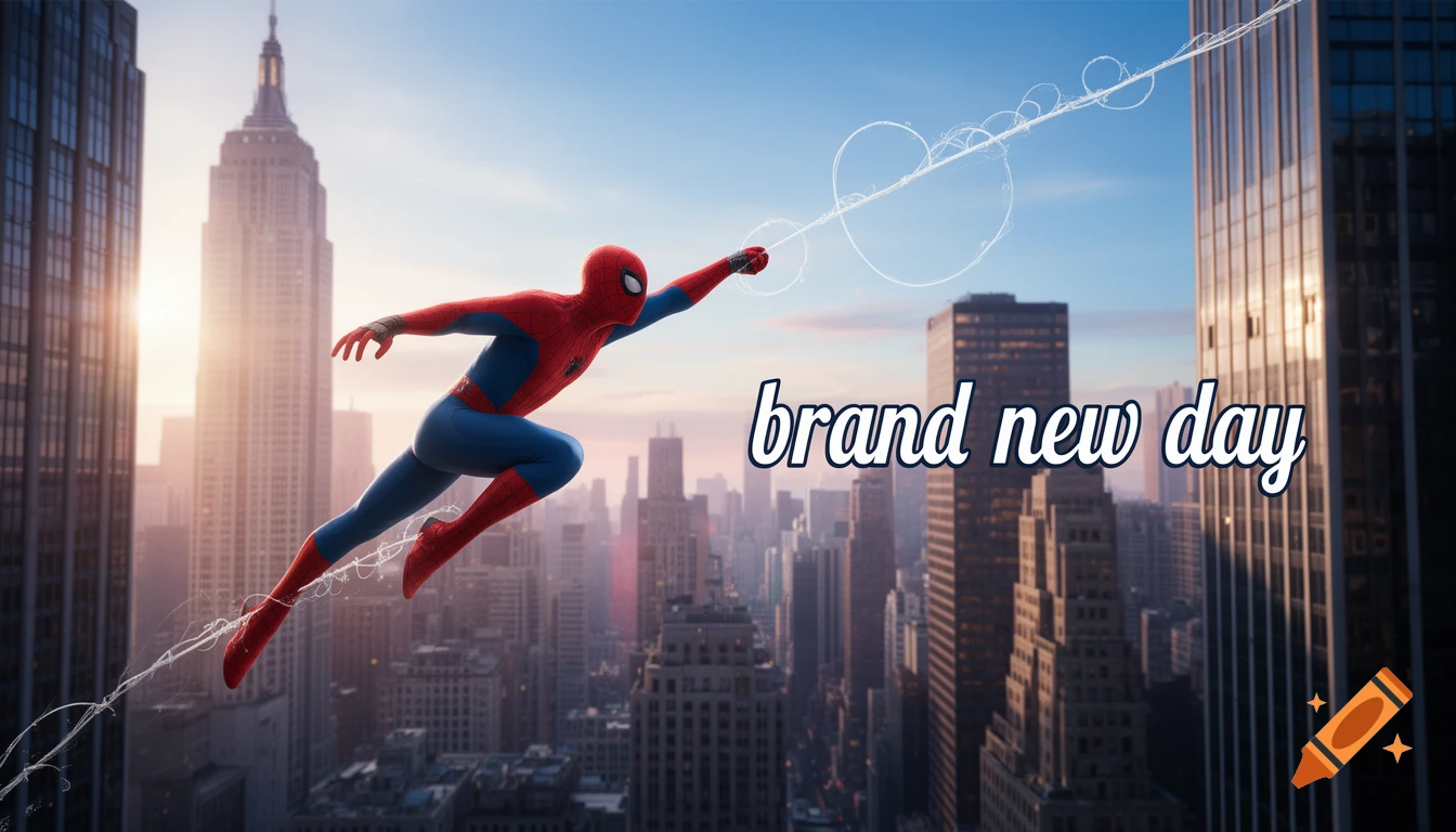 Spider-Man swings through a city skyline with the Empire State Building, with the text 'brand new day' in the foreground, in a photorealistic style.