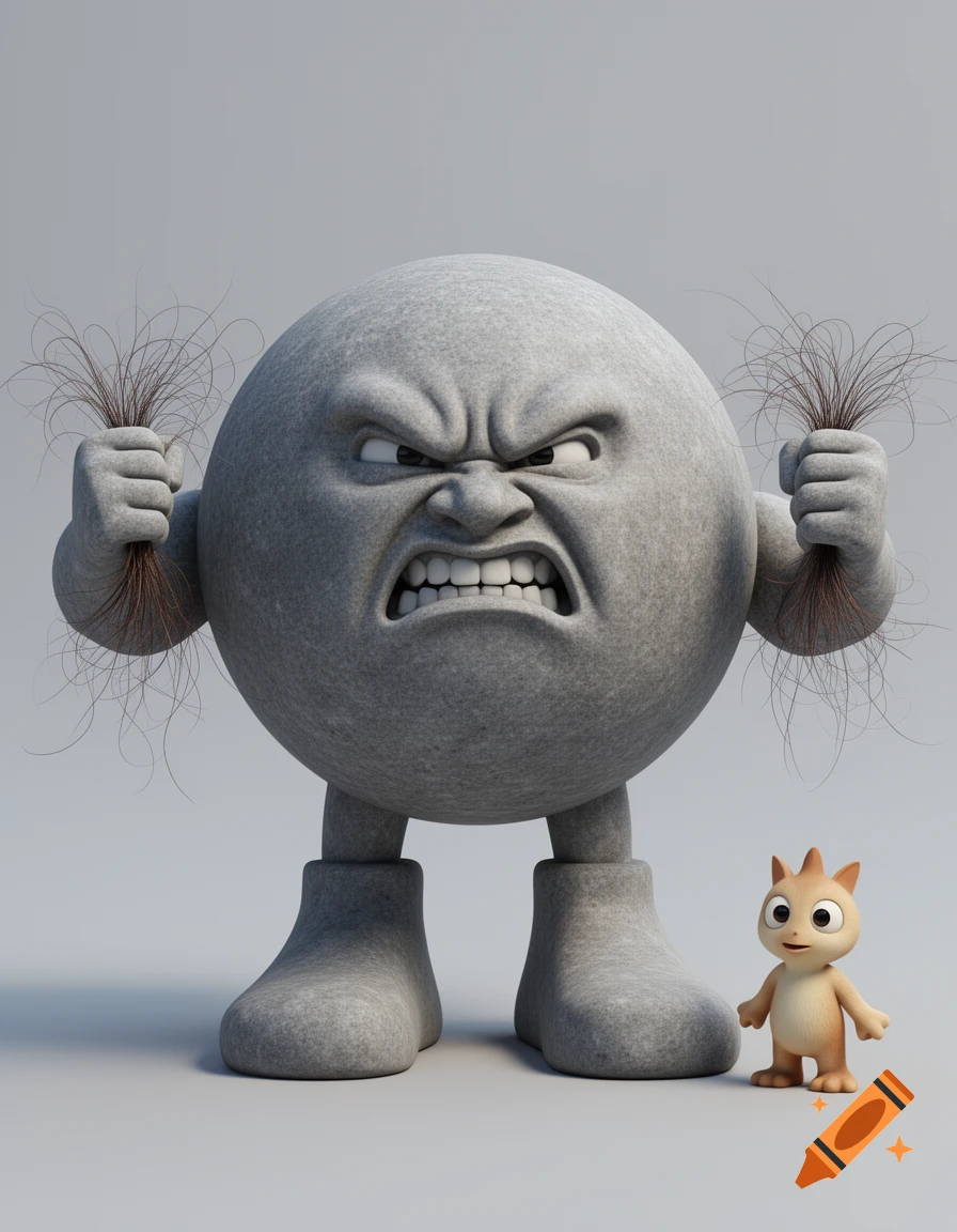 A large, angry, round stone creature with giant feet holds tufts of hair, standing next to a tiny, cute, orange-brown creature, in 3D animation style on a plain background.