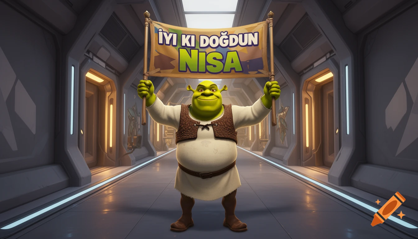 Shrek holding a 'Happy Birthday Nisa' banner in a futuristic sci-fi hallway.