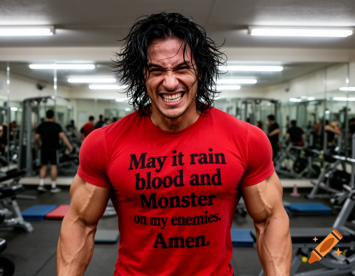 Muscular man with a crazy grin and disheveled hair, wearing a red shirt with text, in a gym.