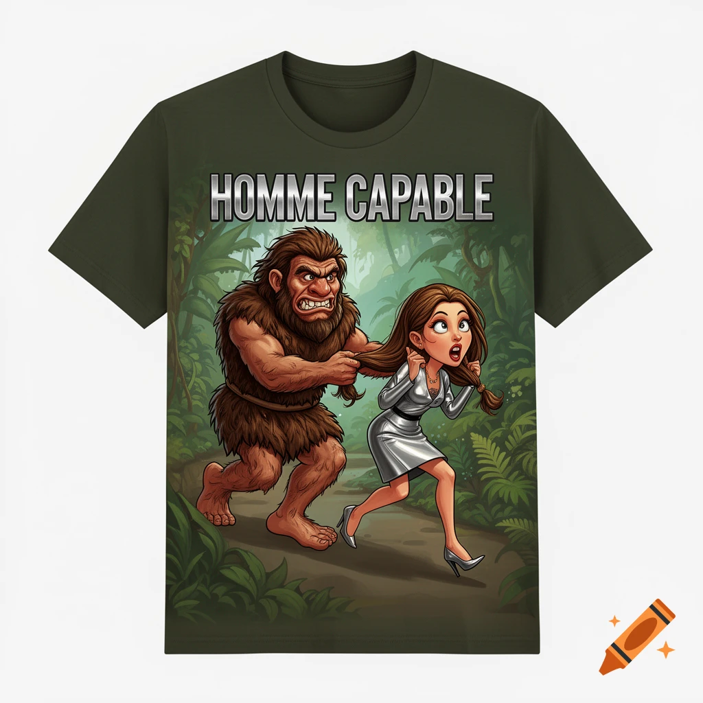 Cartoon t-shirt with an angry caveman pulling a frightened woman by her hair in a jungle. Text: HOMME CAPABLE.