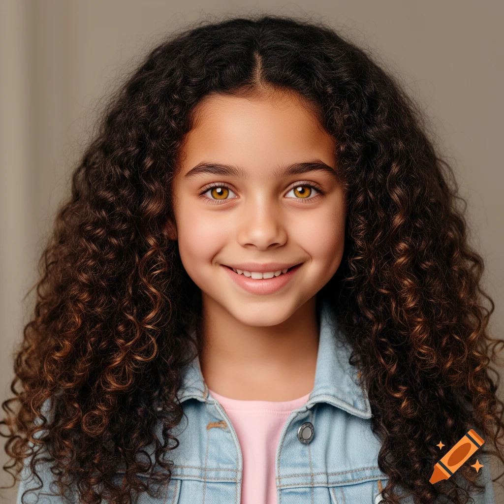A photorealistic portrait of a young girl with long curly brown hair and hazel eyes, smiling, wearing a pink shirt and denim jacket.