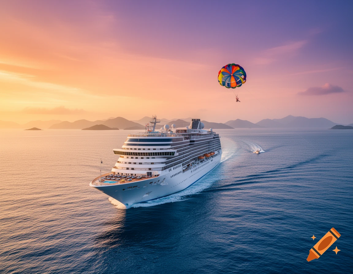 A large white cruise ship sails across a calm blue ocean under a colorful sunset sky, with a parasailer in the distance.