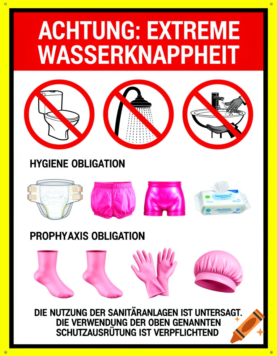 A German warning sign on a yellow border with a red header that reads "ACHTUNG: EXTREME WASSERKNAPPHEIT". It shows icons of prohibited water use (toilet, shower, sink) and images of required hygiene items like a diaper, pink rubber pants, wet wipes, pink socks, pink gloves, and a pink shower cap.