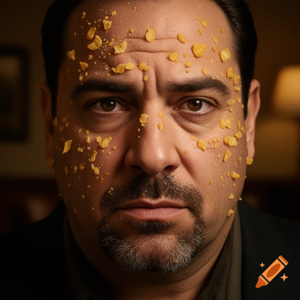 Close-up photorealistic portrait of a man with his face covered in golden chip crumbs.