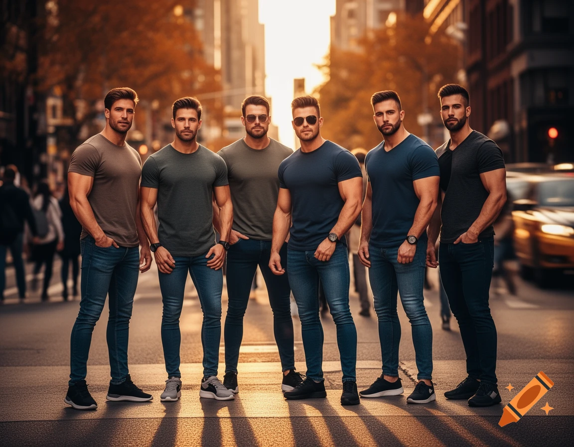 Six muscular men in t-shirts and jeans pose on a city street at sunset, with blurred buildings and people in the background.
