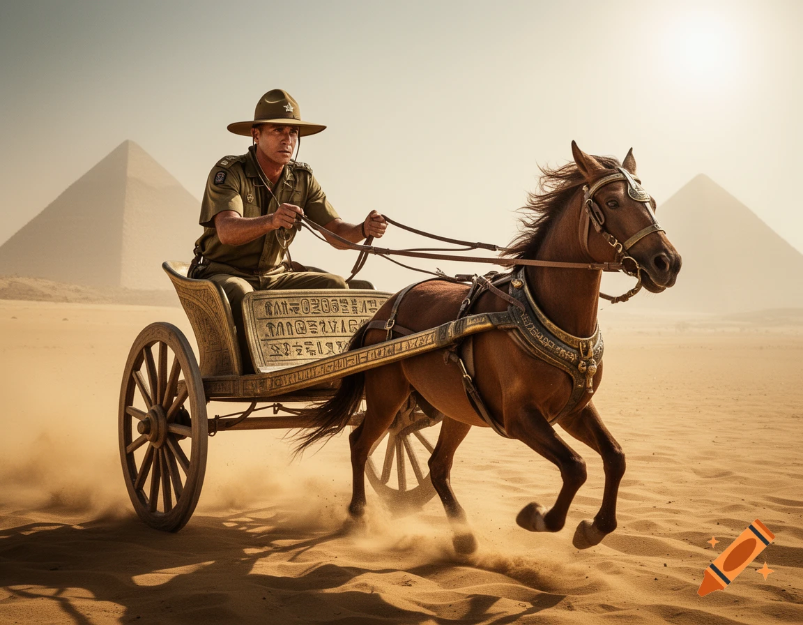 A man in a military uniform and slouch hat drives a horse-drawn Egyptian chariot through a sandy desert with pyramids, photorealistic.