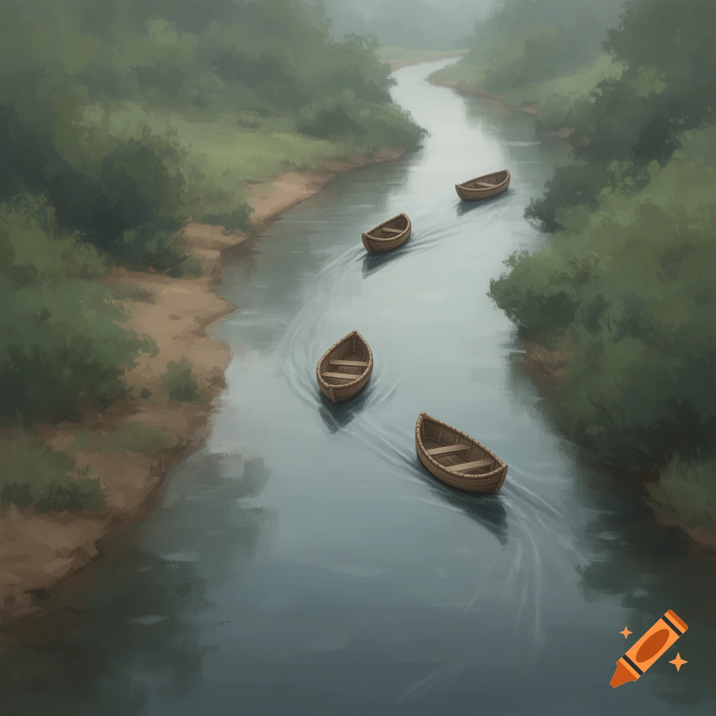 Four empty wooden boats float down a misty, narrow river lined with lush green trees, in a painterly style.
