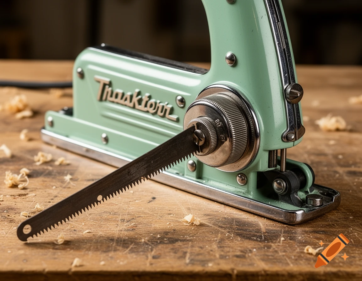 A mint green, 1950s-style jigsaw with a long blade sits on a wooden workbench with wood shavings.