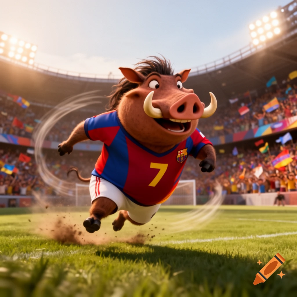 A cartoon warthog wearing a red and blue football jersey with the number 7 runs across a sunny stadium field, kicking up dirt as fans cheer.