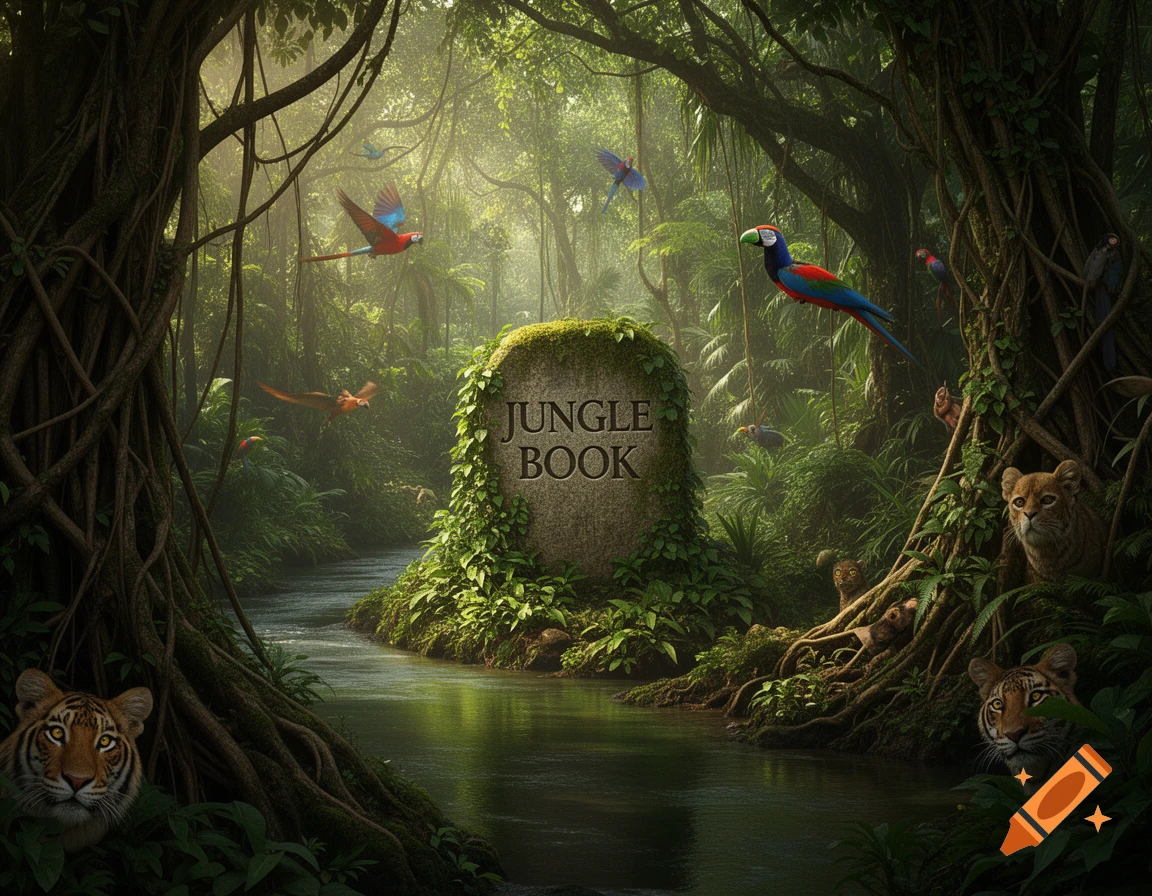 Lush, sunlit jungle scene with a river, a mossy stone tablet reading "JUNGLE BOOK", and various animals like tigers, parrots, and monkeys.