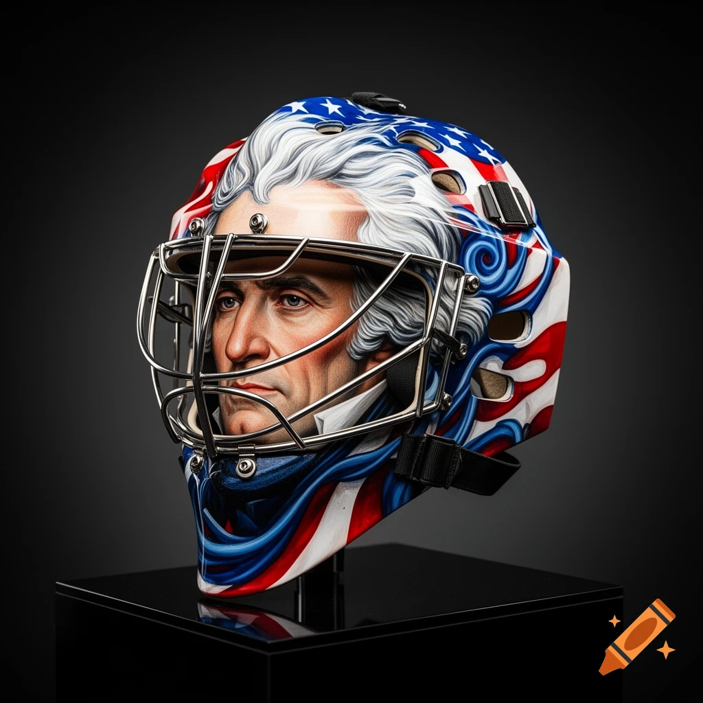 A detailed hockey goalie helmet with a painted portrait resembling George Washington and an American flag design.