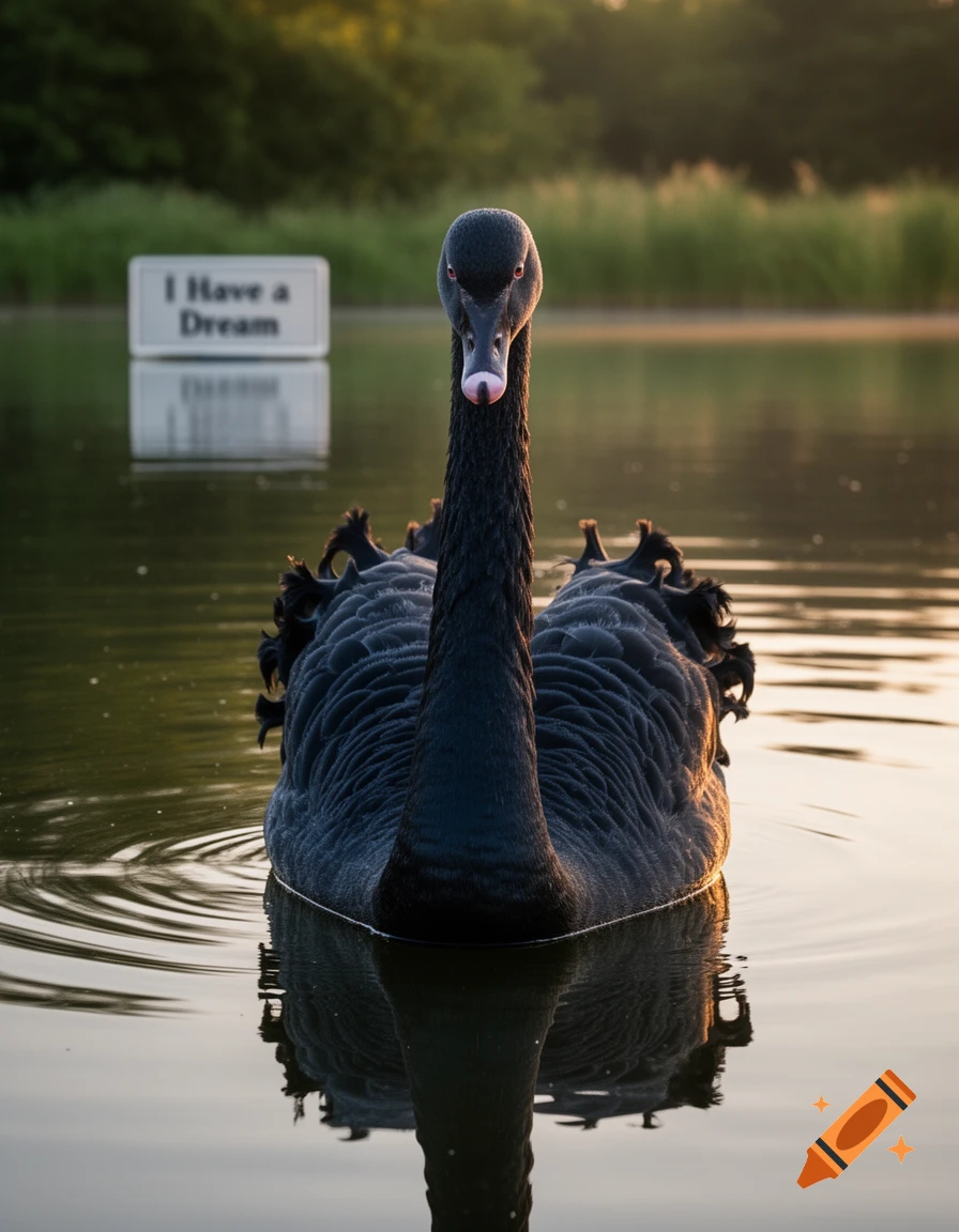 A majestic black swan swims on a tranquil lake at sunset, with a 'I Have a Dream' sign floating in the background.