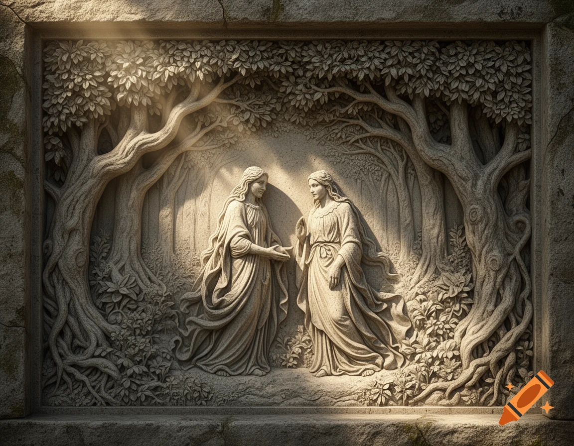 A detailed stone carving depicts two robed figures meeting amidst lush trees in a forest, bathed in soft light.