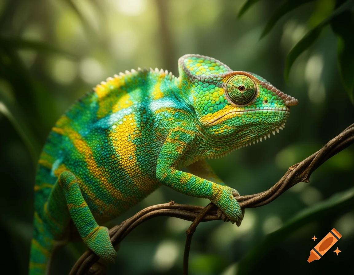 A vibrant green and yellow chameleon with intricate scales clings to a brown branch in a lush, green jungle environment.